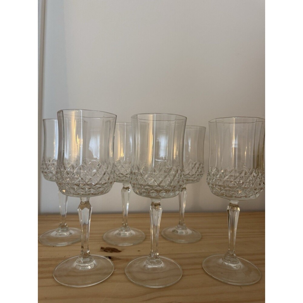Set of 6 Vintage French Crystal Wine Glasses – Diamond Cut – Marked France